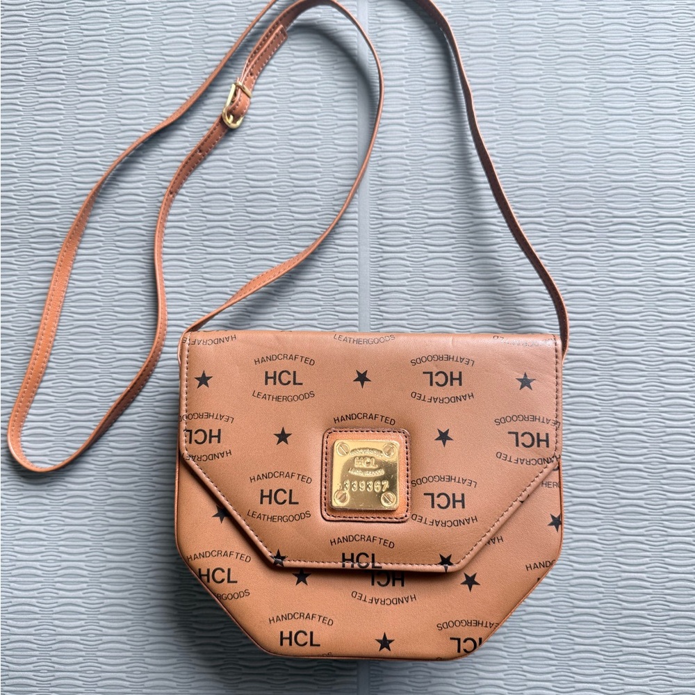 HCL Tan Crossbody Bag with Gold Plaque Detail